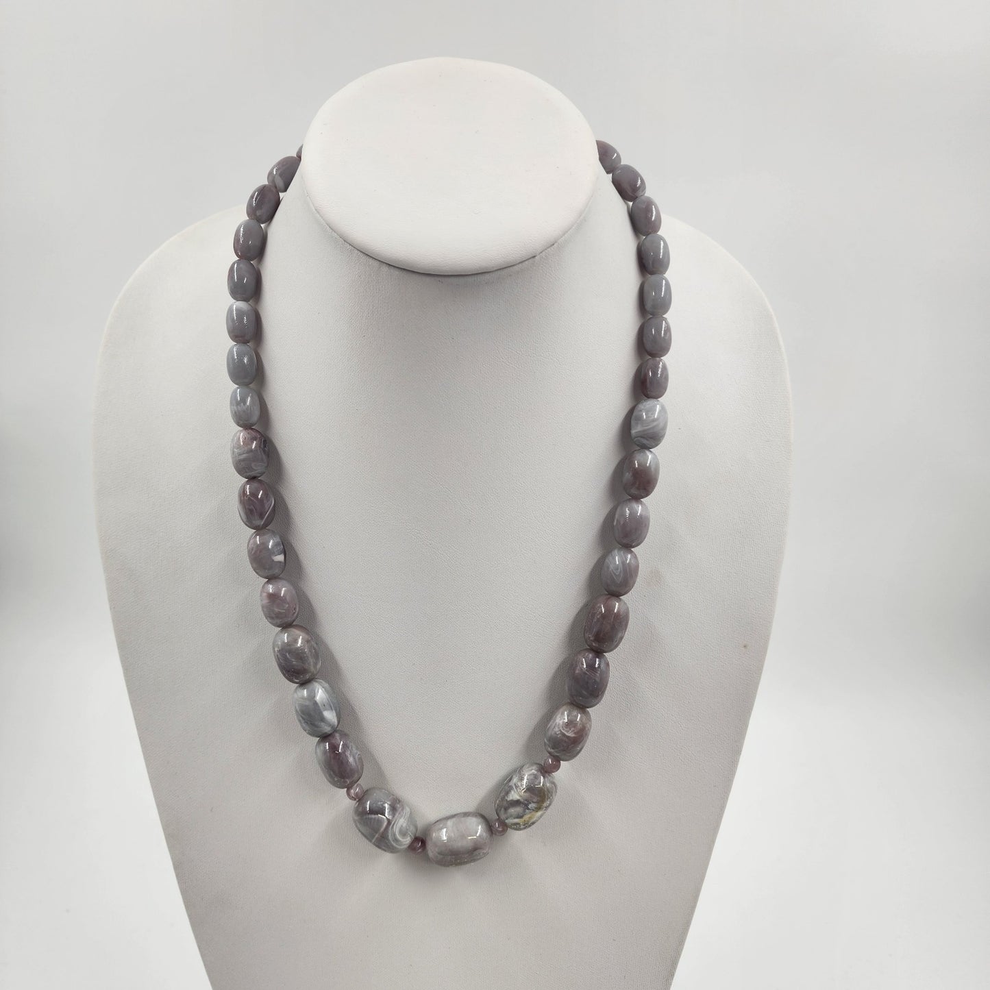 Gray Lavender Polish Marbled Agate Faux Pearl Beads Long Statement Necklace 12"