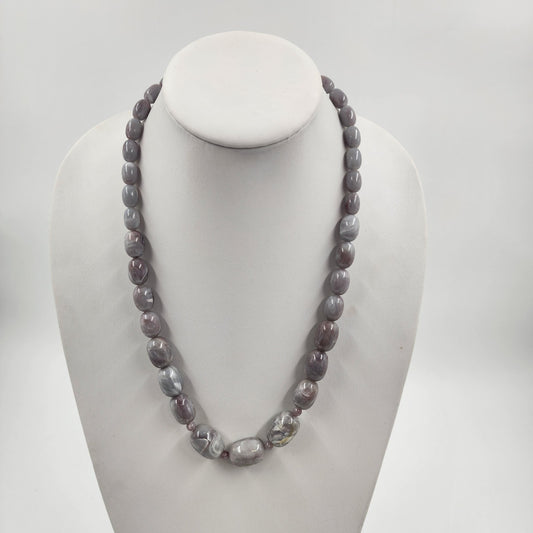 Gray Lavender Polish Marbled Agate Faux Pearl Beads Long Statement Necklace 12"
