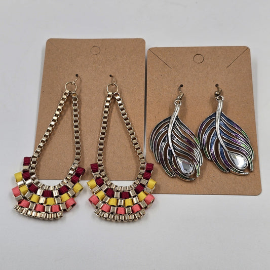 2 Set of Earrings Feather Shape Enameled Rhinestone & Avon Boho Weave Multicolor