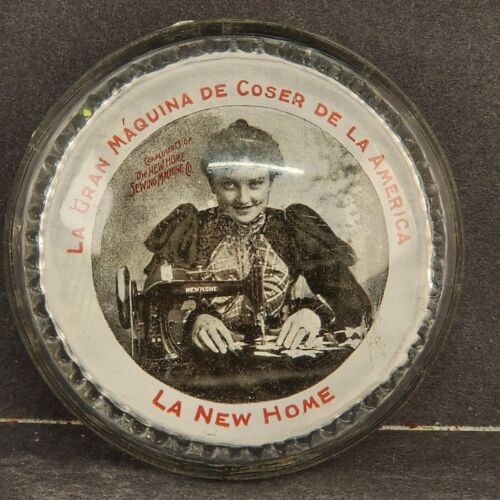 La New Home Sewing Machines Domed Glass Advertising Paperweight 3.5" Vintage