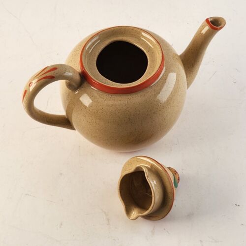 Omar Ware Tea Pot English Stoneware Beige Orange Green Trim England