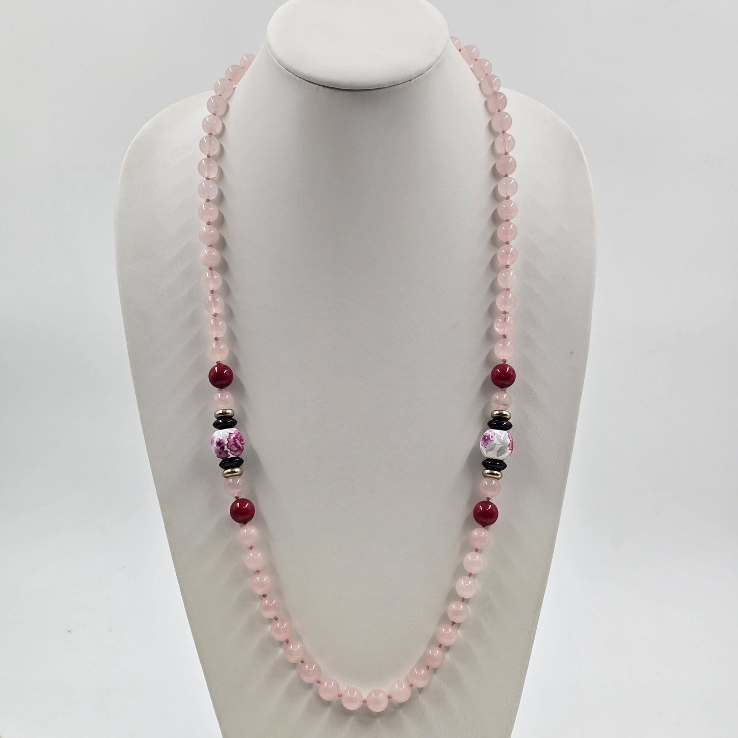 Pale Pink Glass Beads with Multicolor Bead Accents Floral Motif Necklace Jewelry