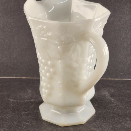 Anchor Hocking Milk Glass White Pitcher Grape Leaf Pattern Octagon Base 6.5" H