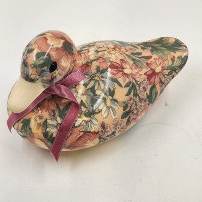Duck Decoy Floral Decoupage Decorative Porcelain w Display Ribbon Felt Base 8.5"
