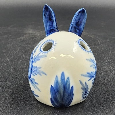 Blue White Porcelain Bunny Rabbit Flower Frog 4.5" 5 Holes Floral Holder