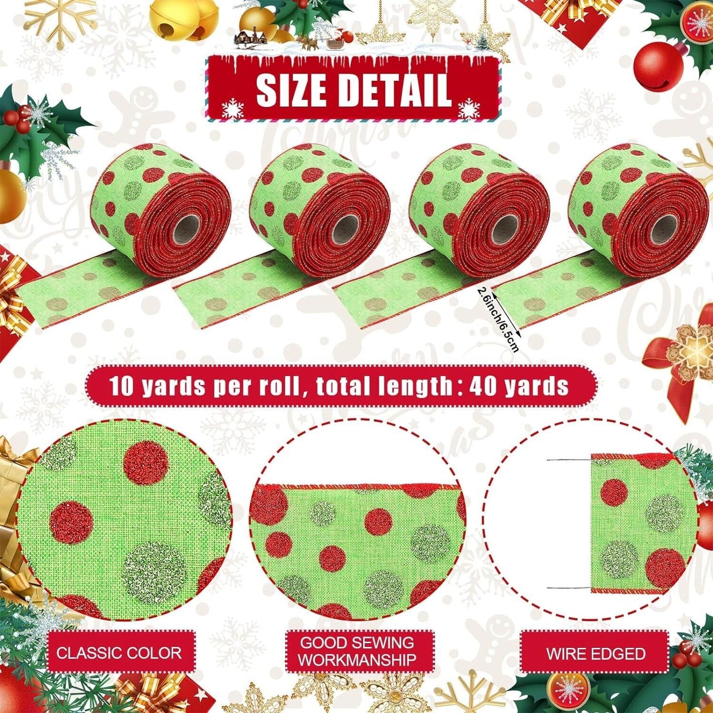 Giegxin 4 Rolls 40 Yard Ribbon Green Dots 10Yd x 2.6"W Wired Crafts Bows Wreath