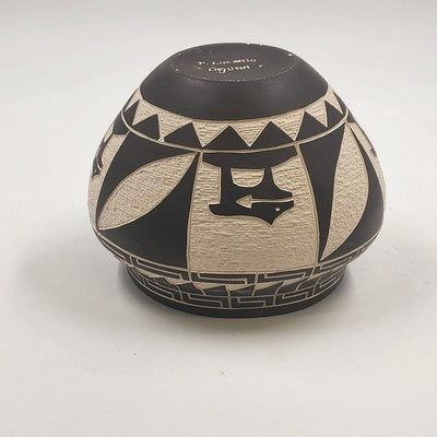 Laguna Pueblo Pottery Vase Bowl 7" Black White Heartline Deer Signed Lucario