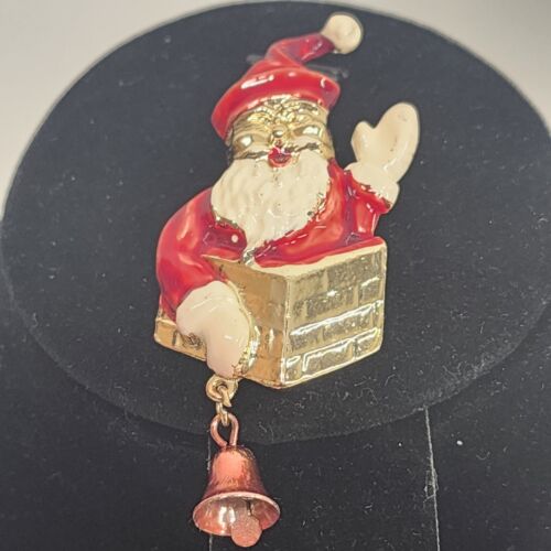 Santa Claus Waving from Chimney Brooch Dangling Bell in Hand 2.5" x 1" Vintage