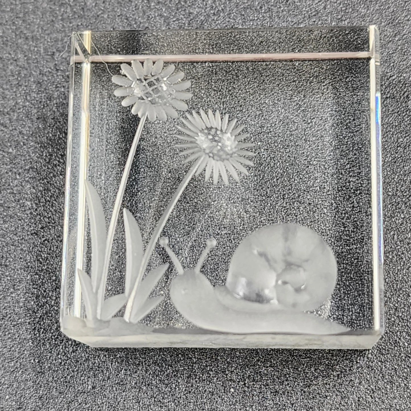 Reverse Etched Glass Paperweight Snail & Flower Design Clear Cube Collectible
