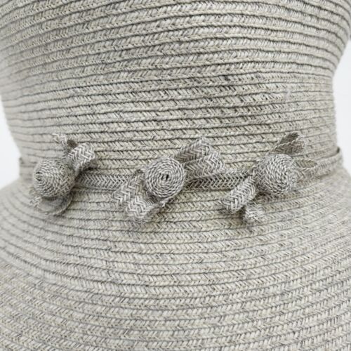 Deborah Rhodes Brimmed Hat Gray Straw Weave Bows Buttons 2.5" Women Medium