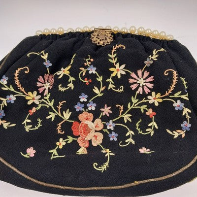 Black French Evening Clutch Bag Wrist Strap French Knot Embroidered Pearls 1930s