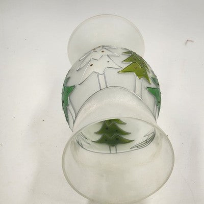 Glass Hurricane Candle Chimney 13"x6" Frosted w Hand Painted Christmas Pine Tree