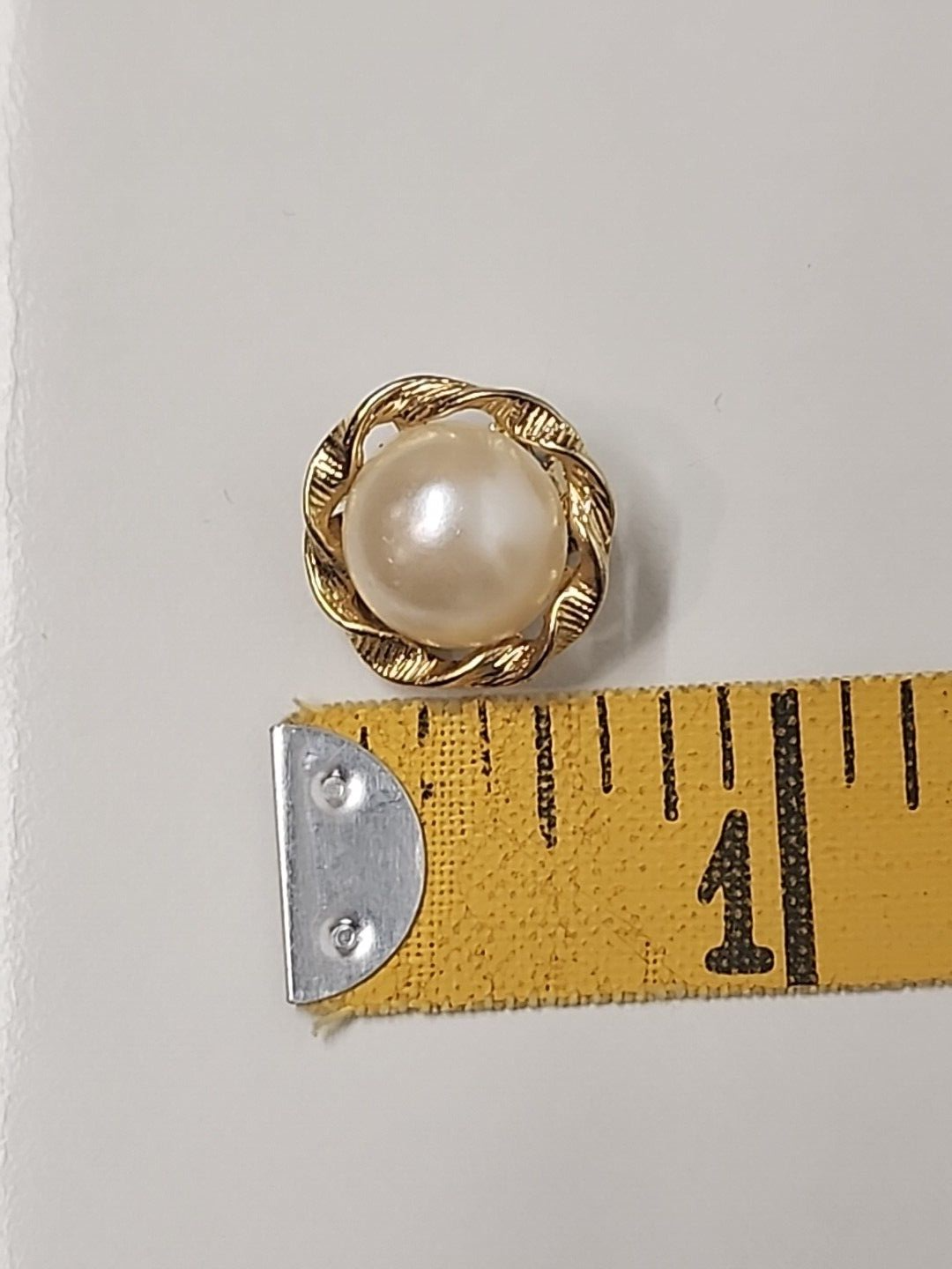 Gold Tone Clip Earring with White Faux Pearl Half Dome & Twist Design 0.5”