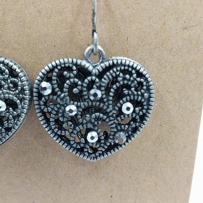 Silver Tone Pierced Earrings Marcasite Filagree Heart Dangle Drop Hook Closure