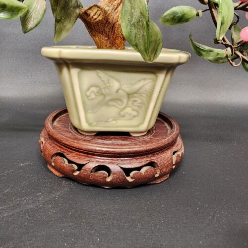 Japanese Bonsai Glass Tree Clay Pot Figurine Leaves Pink Flowers Wood Base Vtg