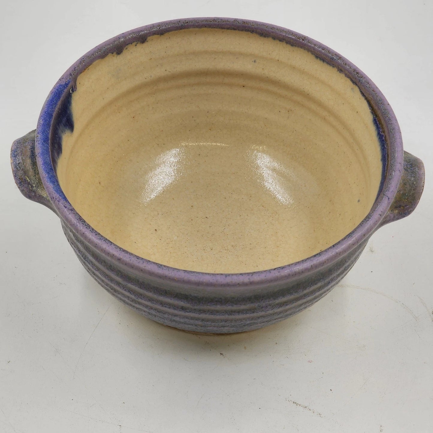 Handmade Pottery Bowl Art Studio Blue Purple Outer Yellow Inner Handled Signed