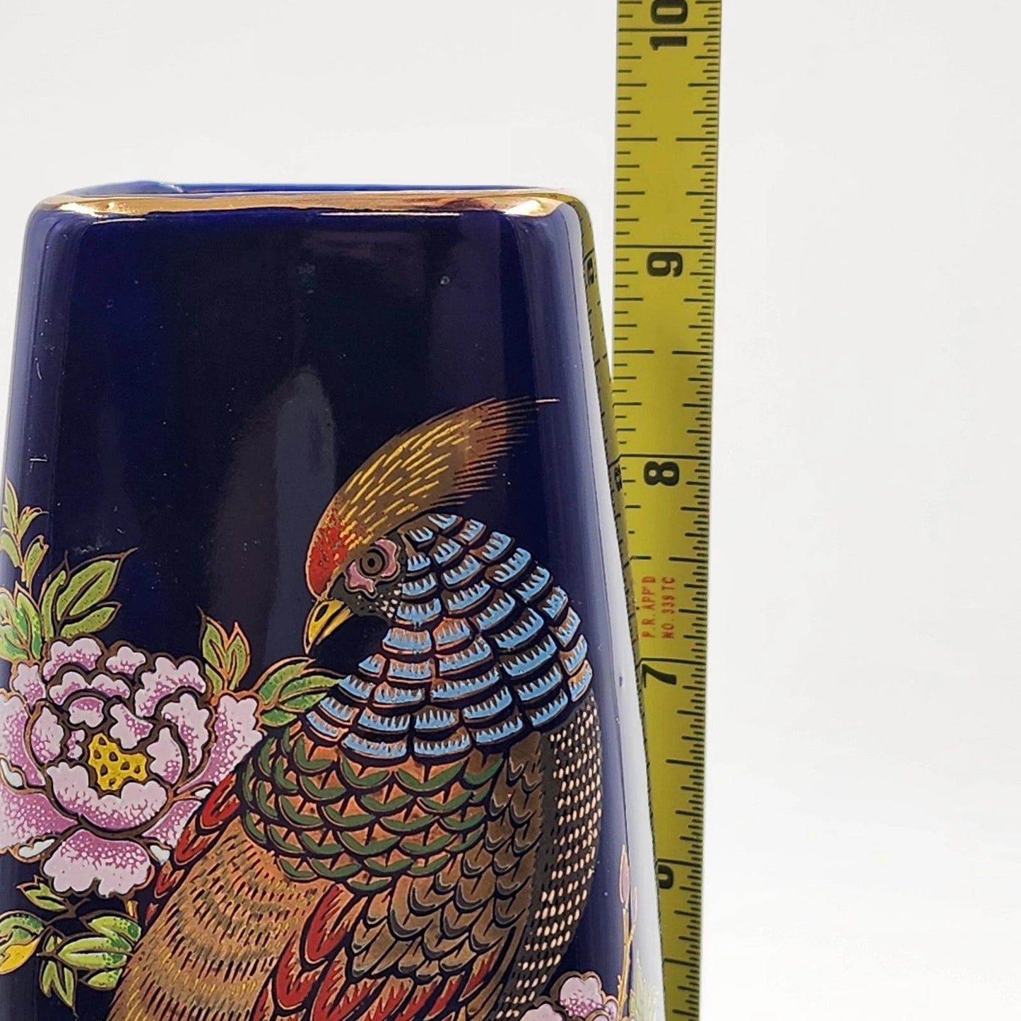 Kutani Interpur Peacocks Floral Vase Cobalt Blue & Gold Trim Japan 9.25”