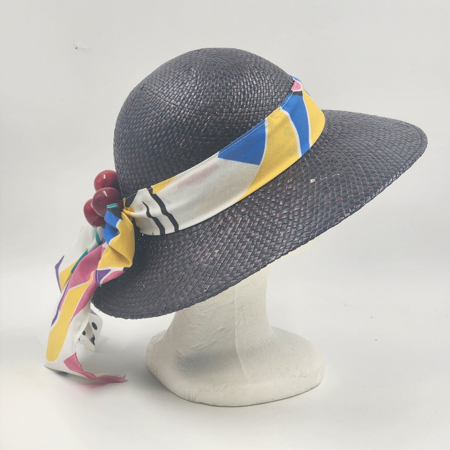 Women's Straw Sun Hat Wide Brim Black Colorful Bandana Cherry Band Medium NOS