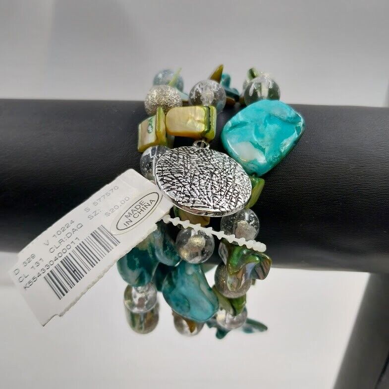 Catherines Silver Tone with Blue Teal Multilayer Charm Bohemian Bracelet 8"