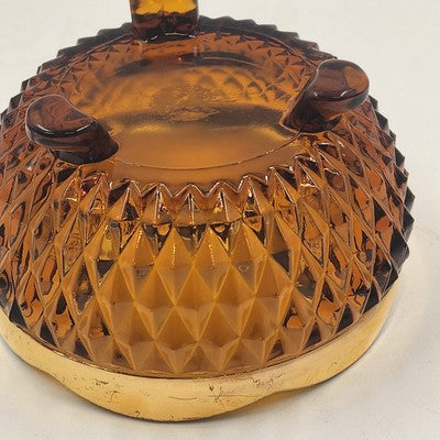 Indiana Glass Amber Diamond Point Three Foot Scalloped Gold Candy Dish Bowl 1970