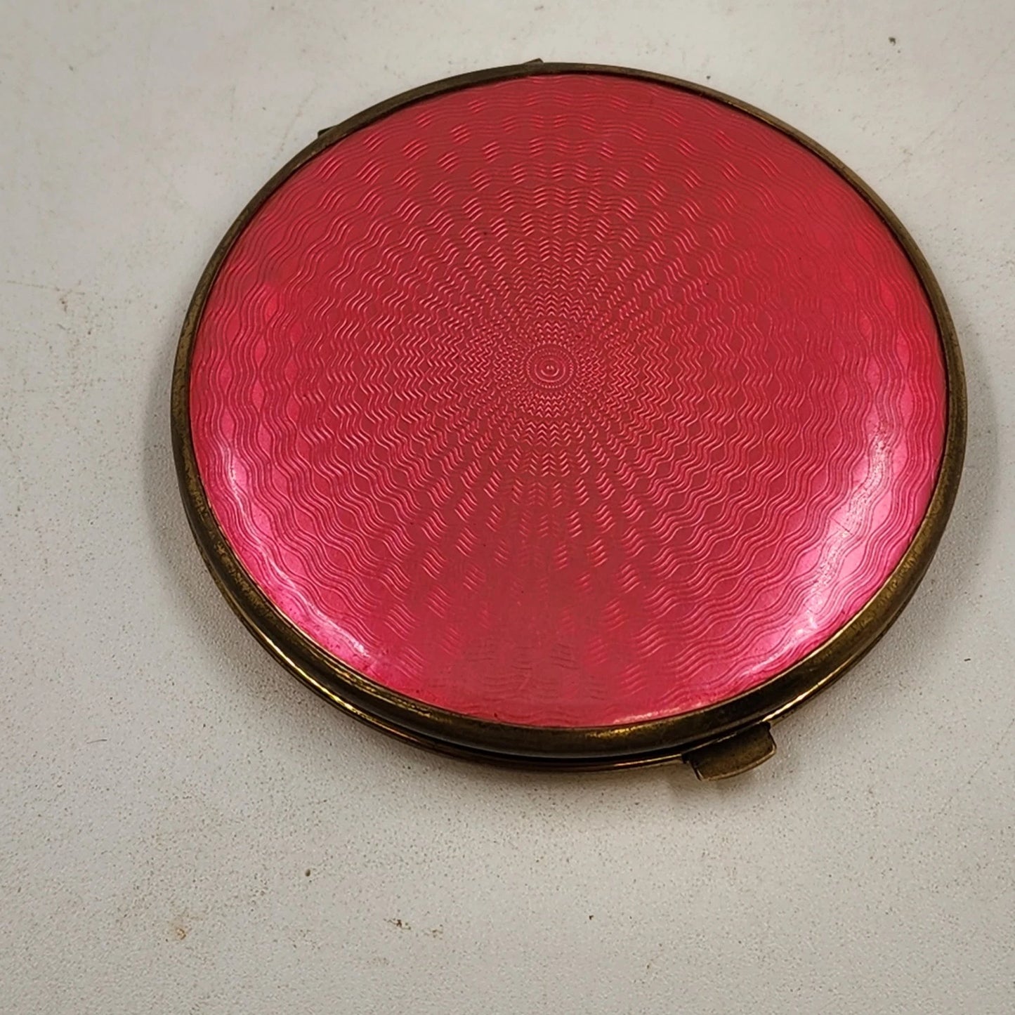 Guilloche Enamel Compact Hot Pink Red Mirror Brass Rim West Germany