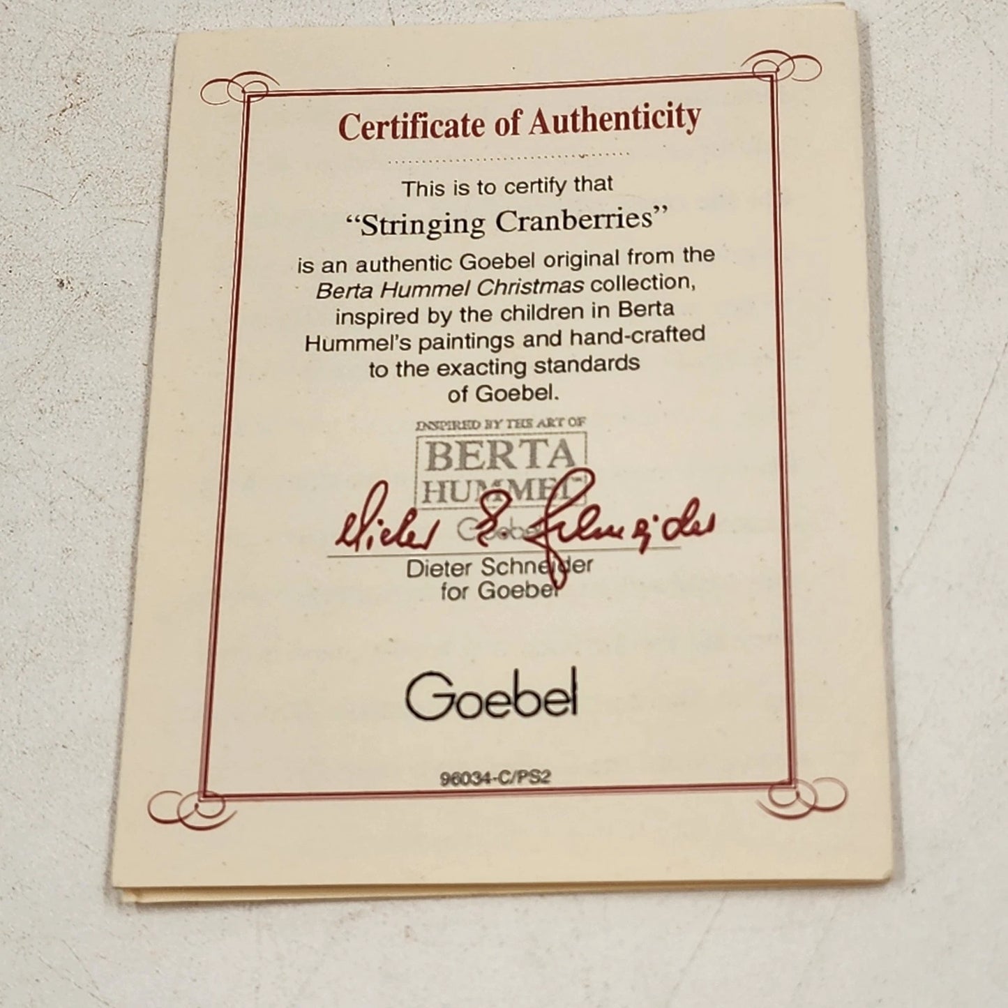 Berta Hummel STRINGING CRANBERRIES Ornament Goebel BH-45 Retired 2.75" 1997