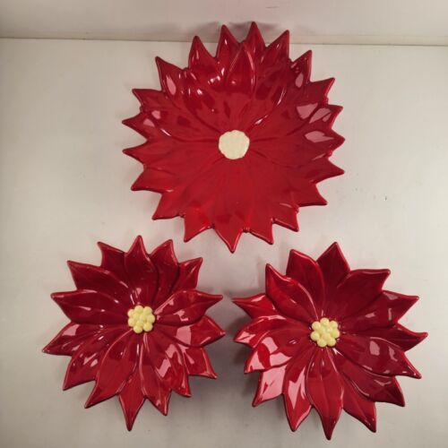 Set of 3 Poinsettia Flower Candy Dishes Christmas Atlantic Mold One 10" & Two 8"