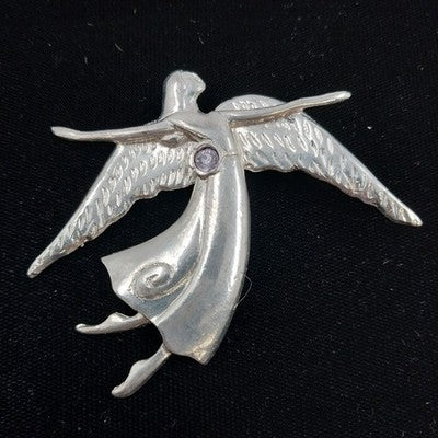 Pewter Angel Brooch Pendant February Birthstone Amethyst Crystal 3" Pin Vintage