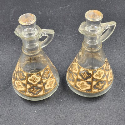 Culver Glass Chantilly Oil & Vinegar Cruet Set w/ Lids Antigua Gold Pattern Vtg