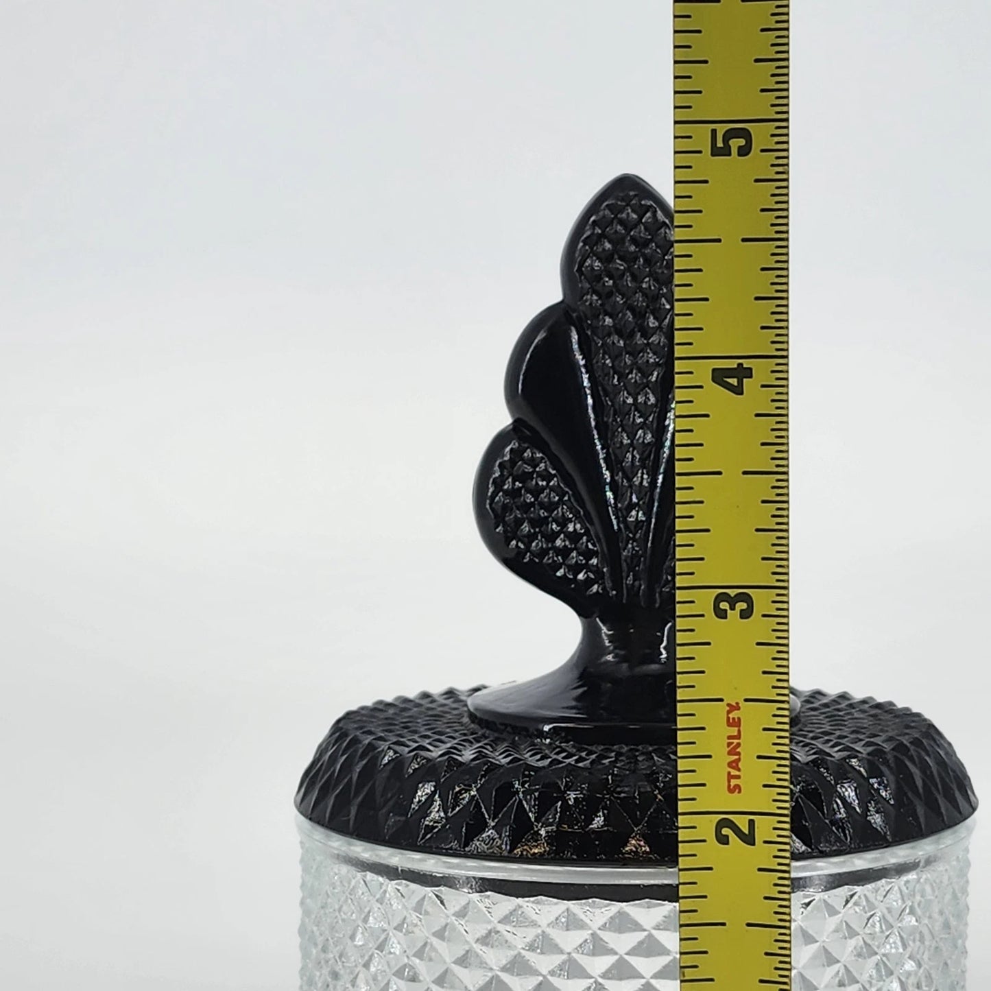 New Martinsville Geneva Glass Puff Box Black Plume Finial Diamond Art Deco 1930s