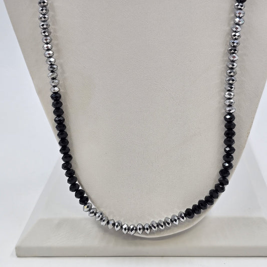 Jewelry Necklace Black Silver Tone Faceted Crystal Rondelle Faux Pearl Beads 20"