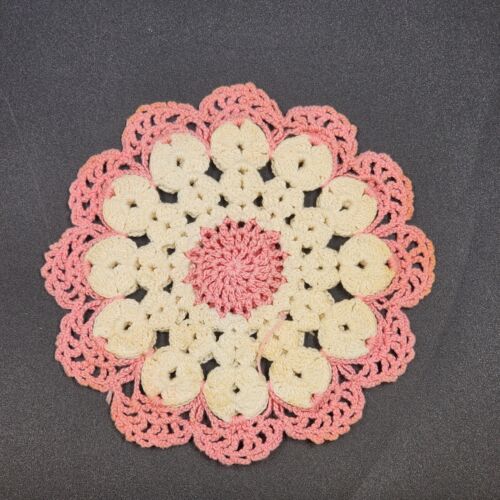 Lot of 2 Vintage Round Crochet Hot Pads Pot Holders Blue White & Pink