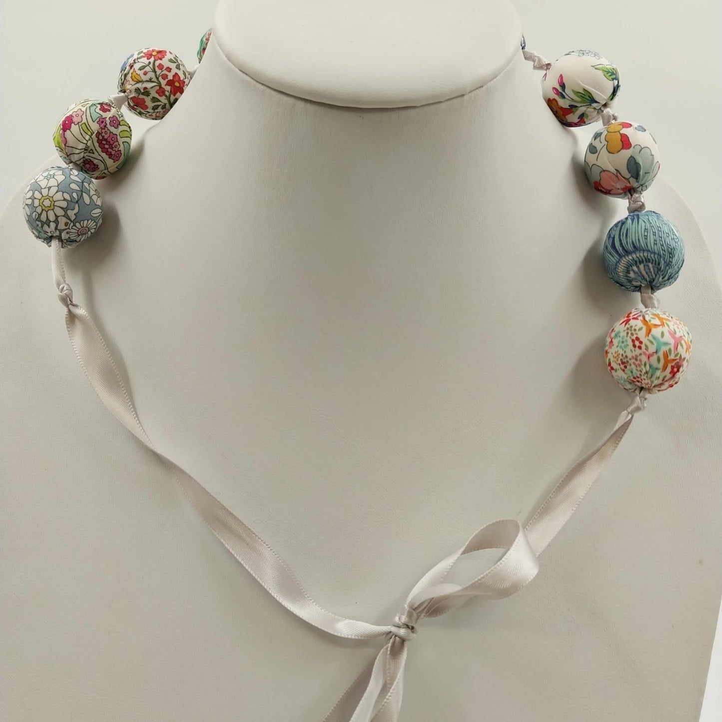 Multicolor Fabric Covered Beaded Boho Necklace Adjustable Satin Ribbon Tie