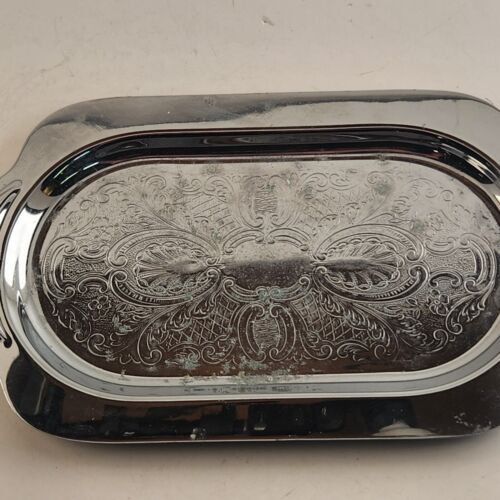 Vintage Silver Plated Engraved Serving Tray w/ Handles 10"x6" Decor