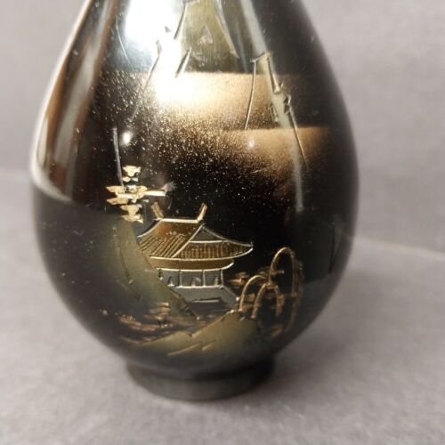 Japanese Chokin Bud Vase Black Enamel Brass 6.5" Vintage Marked Japan