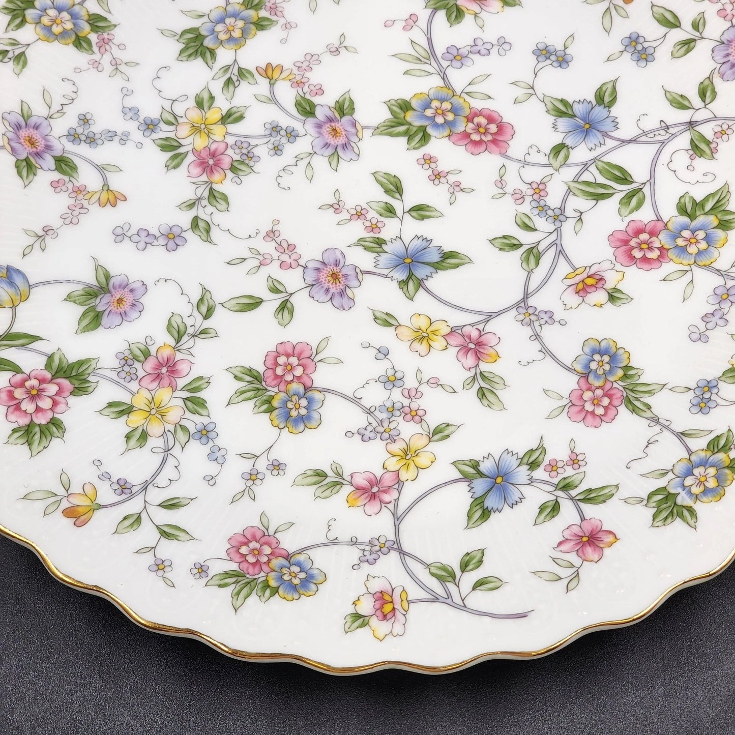 Andrea by Sadek Cake Platter Corona Floral Gold Trim Scalloped Edge 10.5"