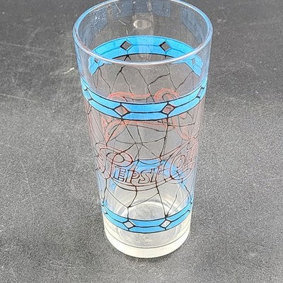Pepsi-Cola 12oz Drinking Clear Glass 6.25" Stained Glass Tiffany Style Vtg 1970s