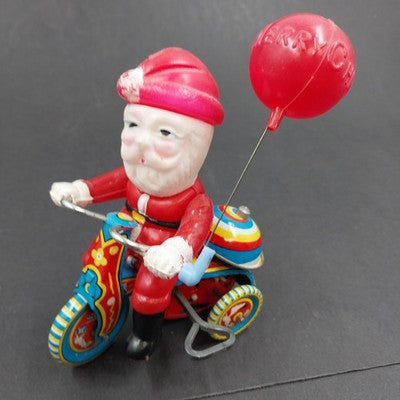 Suzuki Wind Up Toy Celluloid Santa Claus 1950 Tin Tricycle Japan Vintage Works