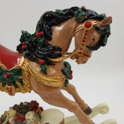 Christmas Holiday Decoration Musical Rocking Horse Basket of Toys Polyresin 12"