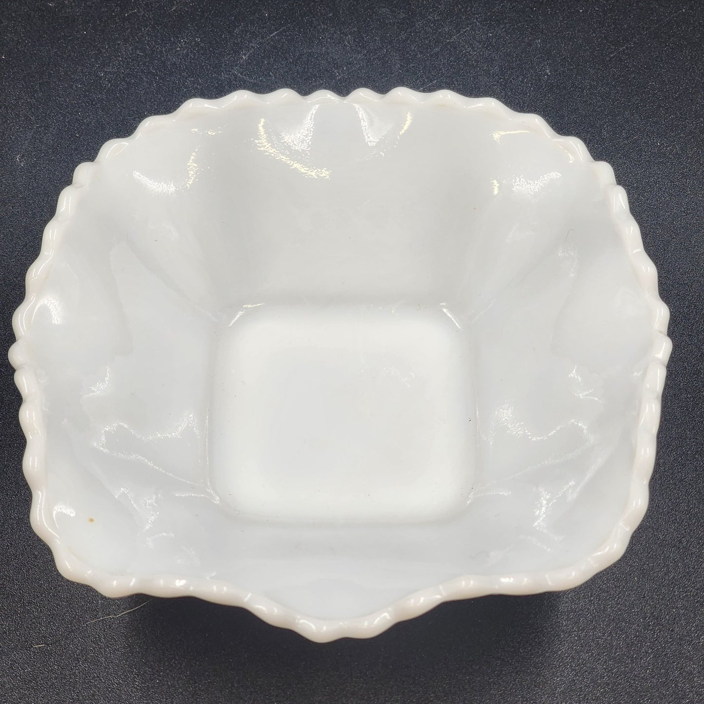 Hazel Atlas Milk Glass Candy Trinket Dish Diamond Point Square Ruffled MCM Vtg