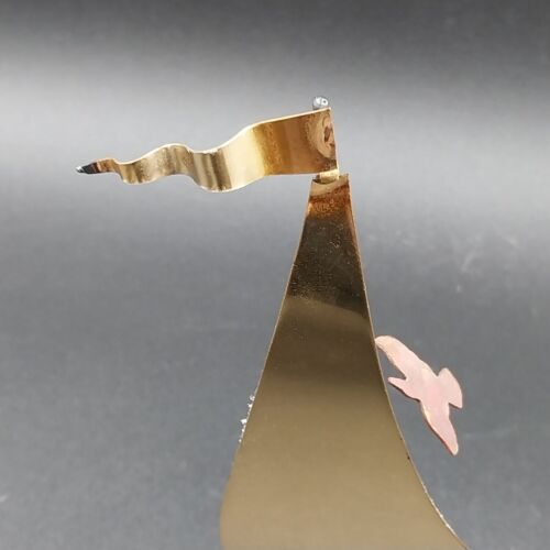 Brass Sailboat Mounted On Onyx Stone Signed John DeMott Single Sail Seagull Vtg