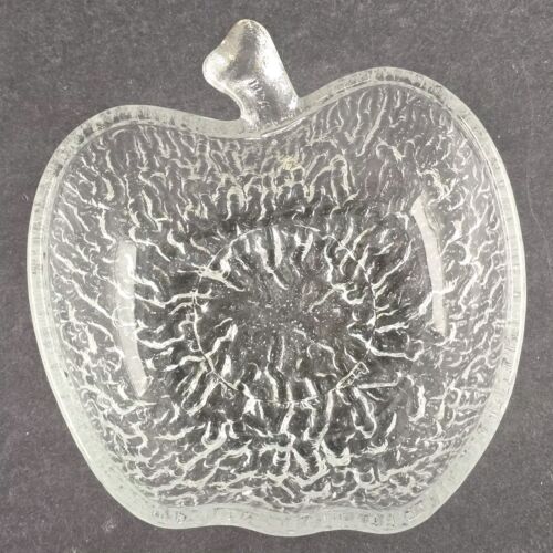 4 Apple Shaped Salad Bowls Clear Italian Pressed Glass Tree Bark Textured Vtg