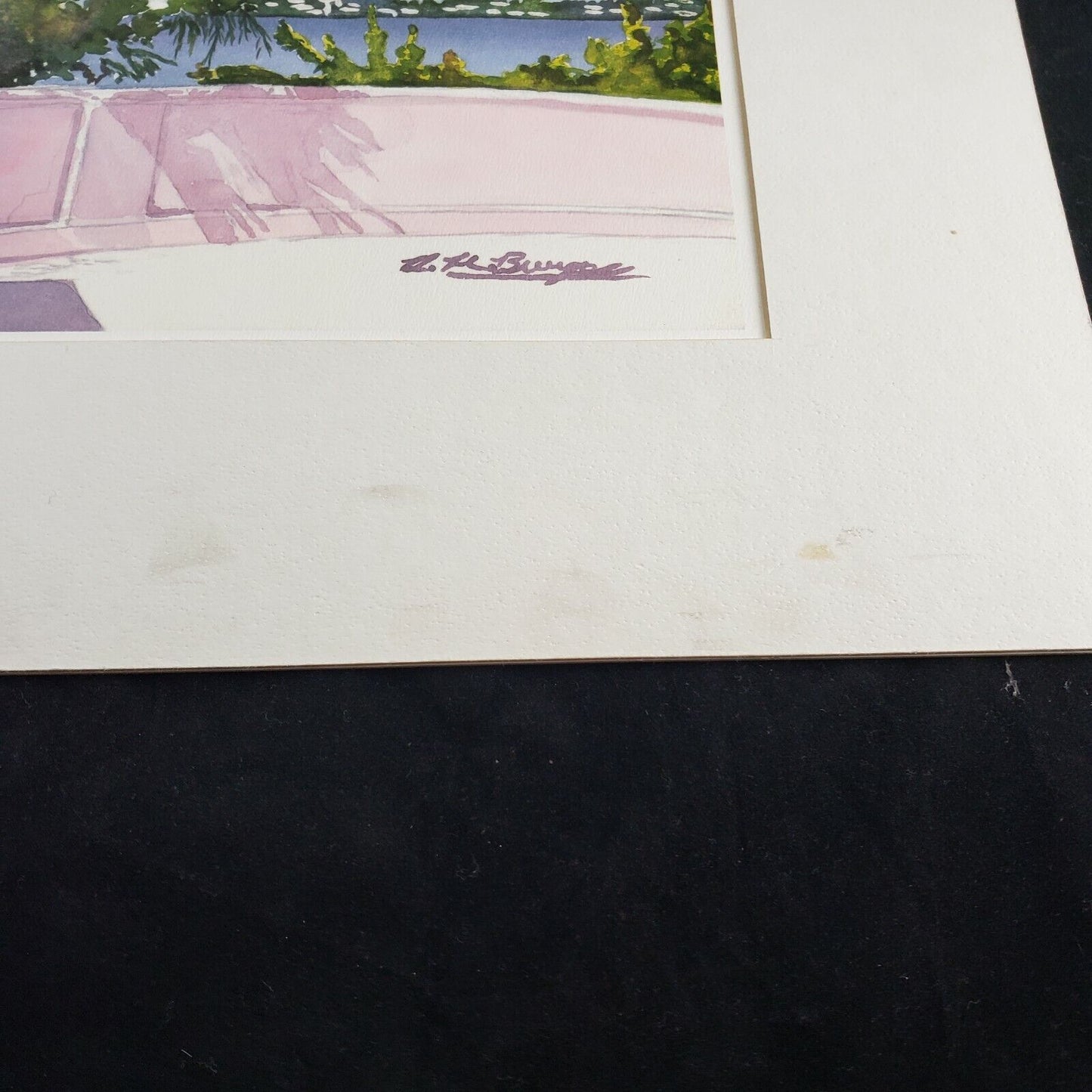 Watercolor Ocean Print 9x12 Signed Matted Beach Scene Pink Green