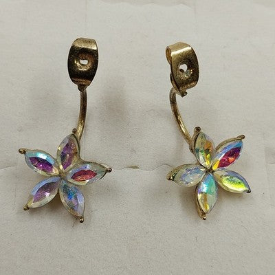 Gold Tone with Iridescent Faceted Rhinestone Flower Shape Earring Jacket Jewelry
