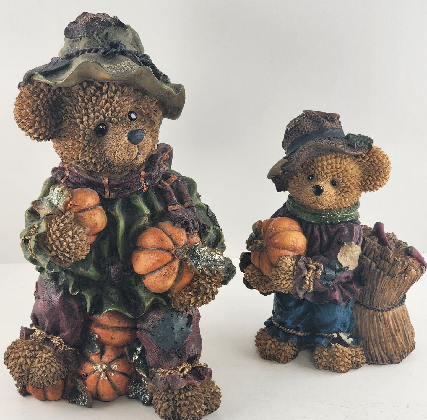 2 Resin Bears Collecting Pumpkins No-Name Brand China 9.75" and 6.75" Figurines