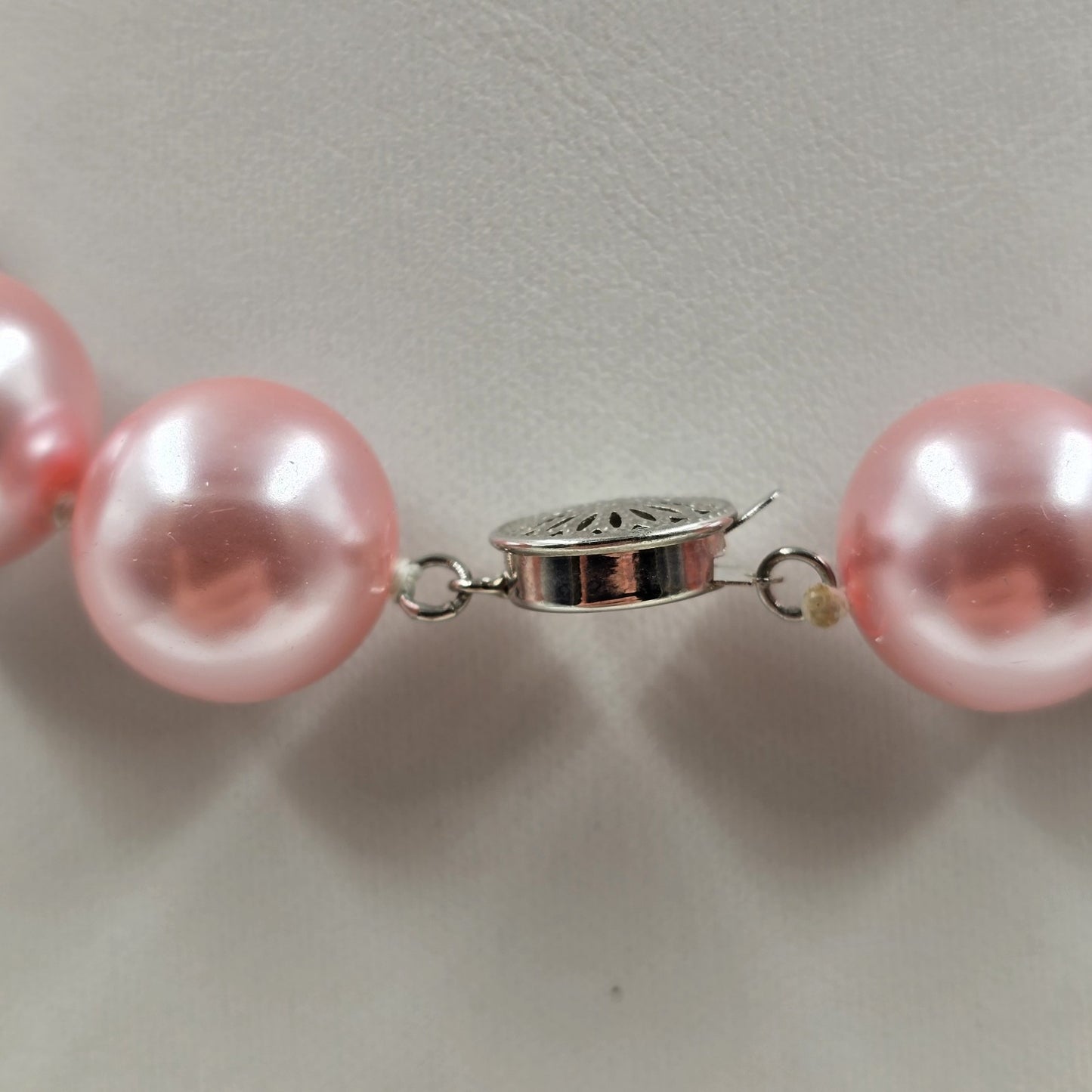 Pale Pink Glass Faux Pearl Chocker Beaded in Silver Filigree Push Necklace 9.5"