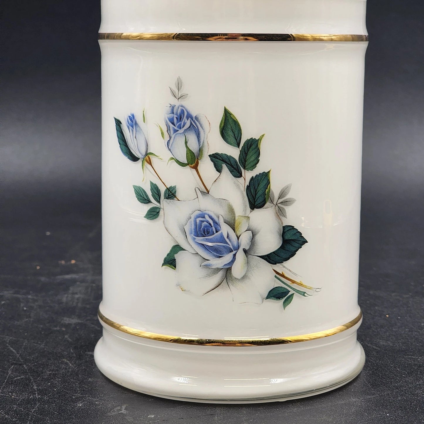 Apothecary Jar Blue Tea Rose in White Frosted Milk Glass with Gold Trim 9" x 4"d