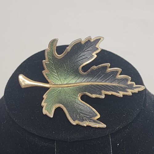 Green Enamel Maple Leaf Brooch Pin Gold Tone Rim and Backing 2" Long Vtg Jewelry