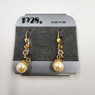 1928 Gold Tone with Chunky Faux Pearl Ball Drop Dangle Earring 1.25" Made in USA