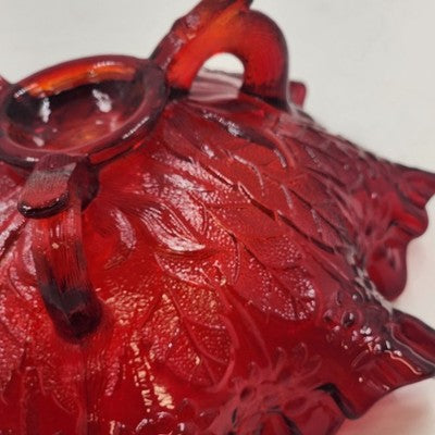 Fenton Ruby Red Glass Bowl 8" Wide Leaf Flowers Footed Dish Ruffled Edge